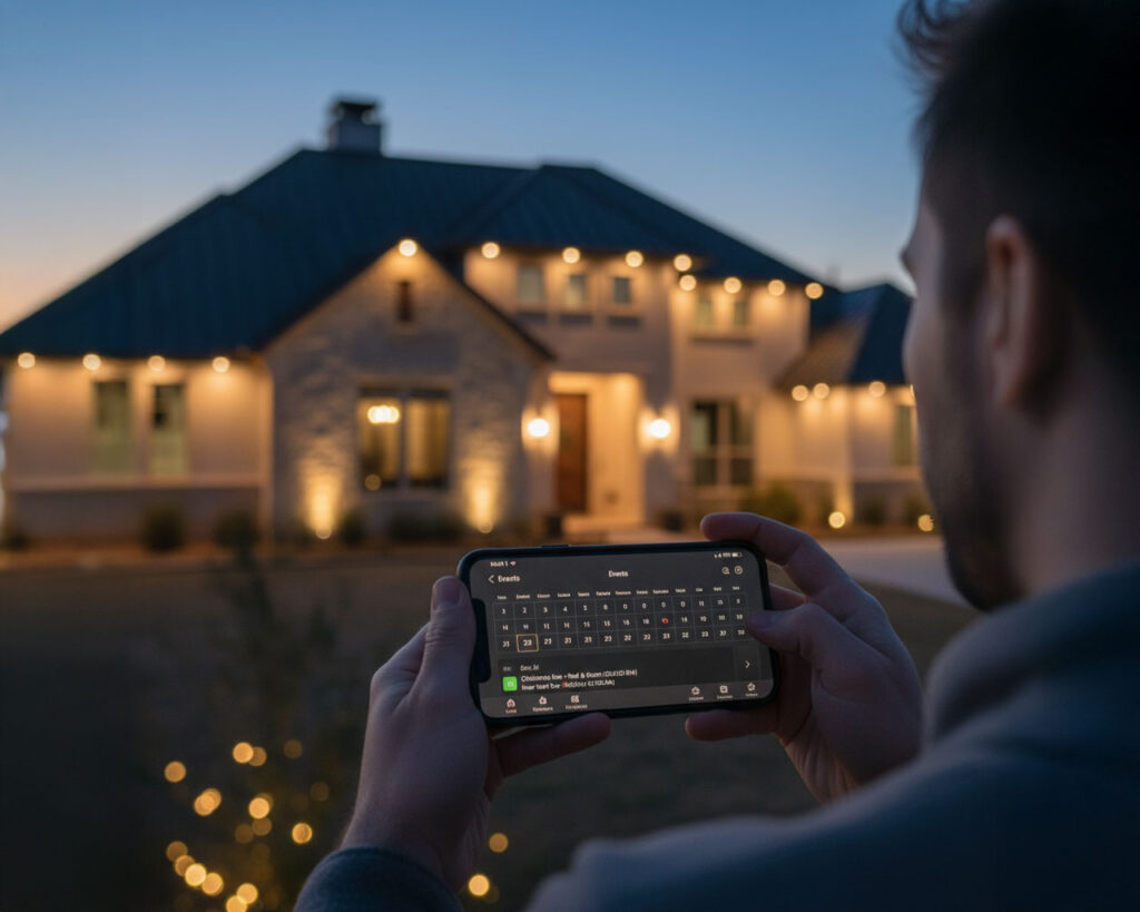 Man holding phone controlling permanent holiday lights in San Antonio