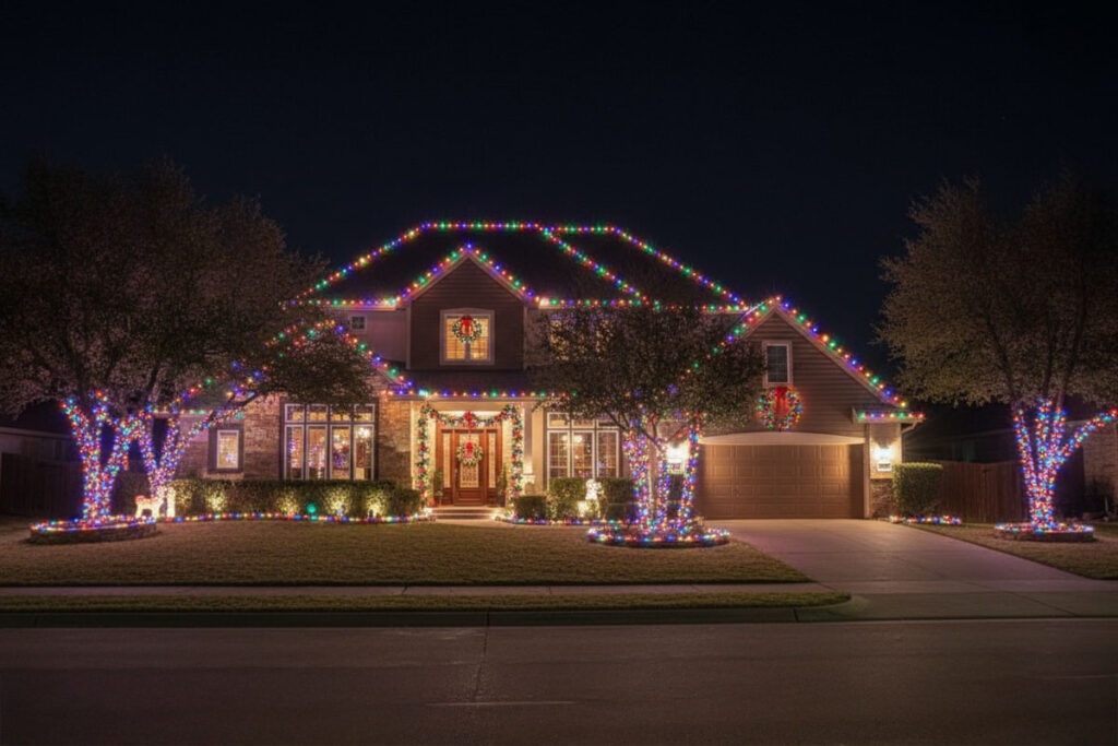 Mico, TX, home with multicolor roofline holiday lights, wreaths, and trees creating a festive Hill Country display.
