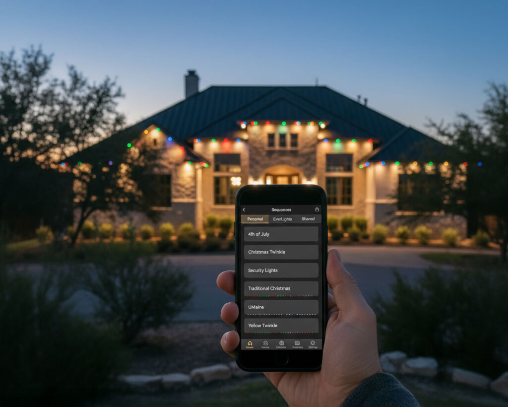 Permanent landscape lighting control app on smartphone screen in Fair Oaks Ranch