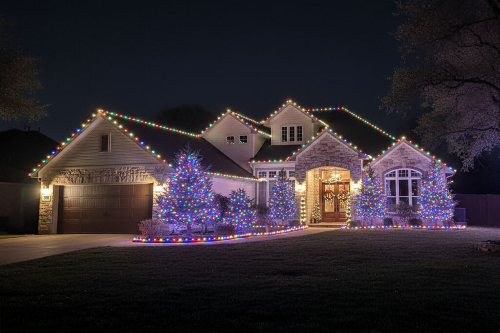 Scenic Oaks TX residence with multicolor Christmas roofline lights and landscape trees glowing in festive colors.