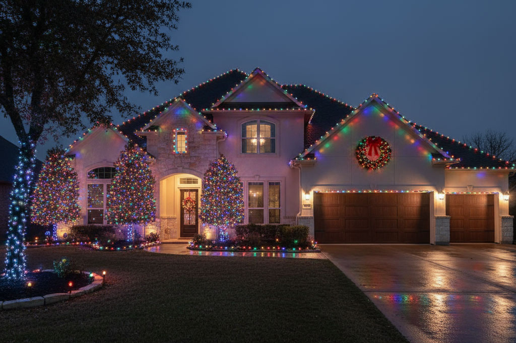 A Shavano Park home professionally decorated with multicolor roofline Christmas lights, stake pathway lights, and tree wraps.