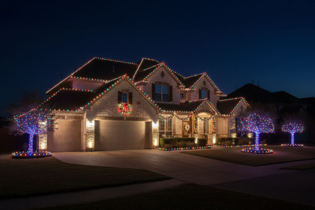 Stone Oak home in San Antonio, TX, with multicolored Christmas lights installed along the roofline and walkways for a festive display.