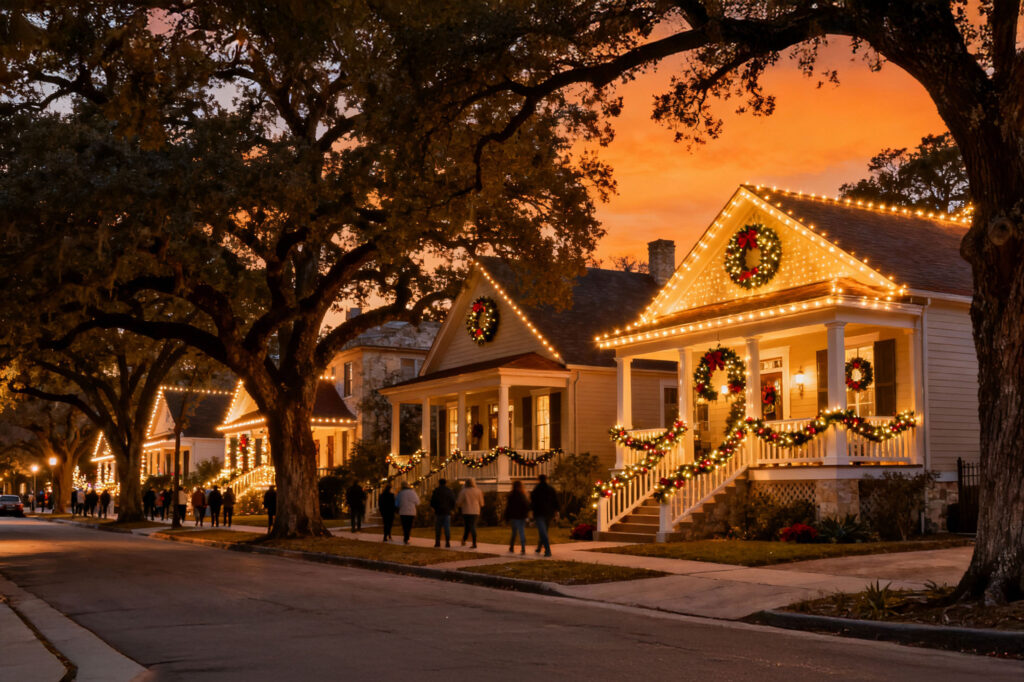 Warm white holiday lights illuminating streets of Alamo Heights neighborhood in San Antonio during Christmas season