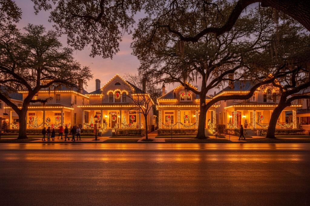 Holiday lights display illuminating homes in the Alamo Heights neighborhood of San Antonio