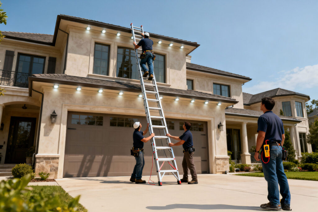 Christmas light installation with proper ladder safety technique using three-point contact in San Antonio