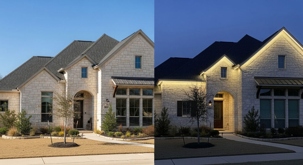 Day and night view of a stone home in San Antonio decorated with Everlights permanent outdoor lighting