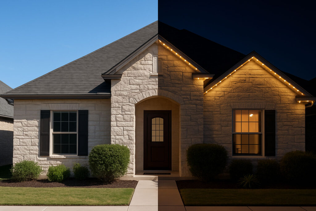 Close-up view of hidden brackets in under-fascia detail on Texas limestone construction, showing installation technique and aesthetic finish