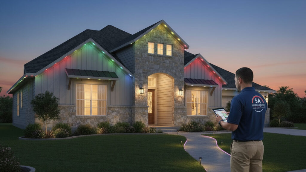 Person using smartphone app to control Everlights permanent holiday lighting system