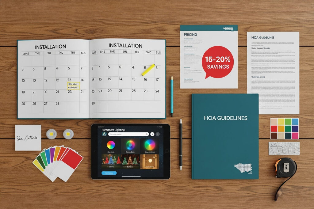 Flatlay planning calendar with HOA pricing on tablet showing festive color options and 15-20% savings