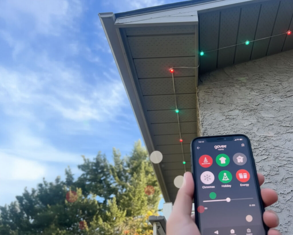 Govee permanent outdoor lights close-up view showing installation detail on eve of house