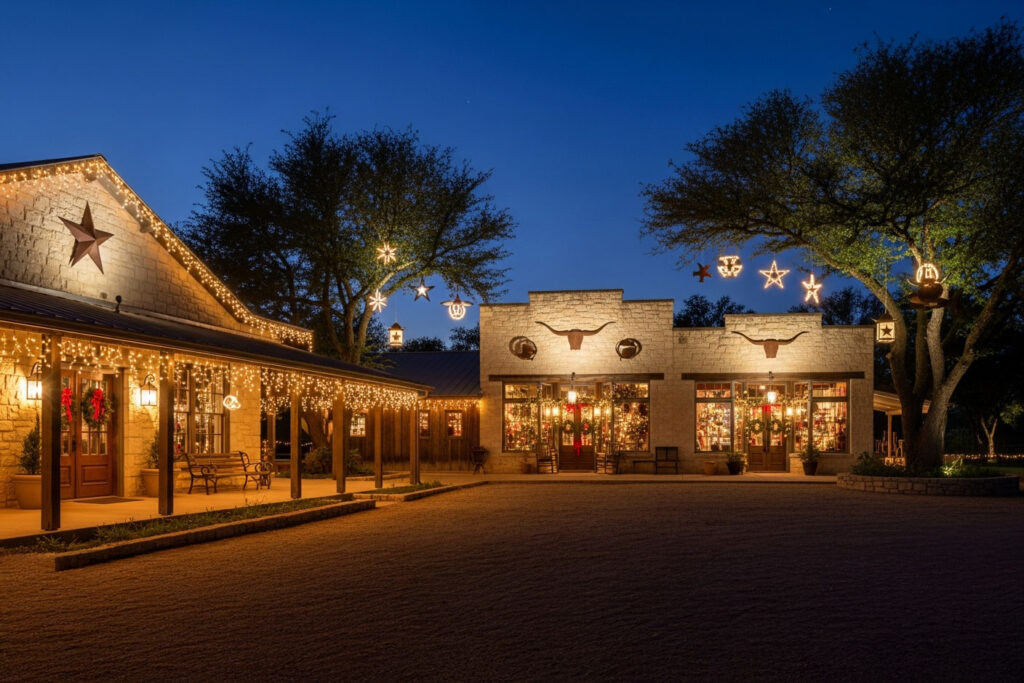Rustic holiday lights illuminating the Hill Country landscape in Helotes, San Antonio