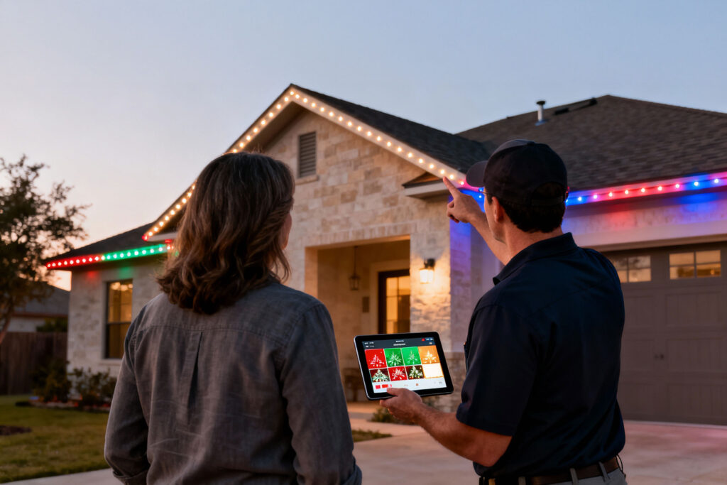 Festive LED strip lights decorating home eaves in San Antonio creating holiday scenes