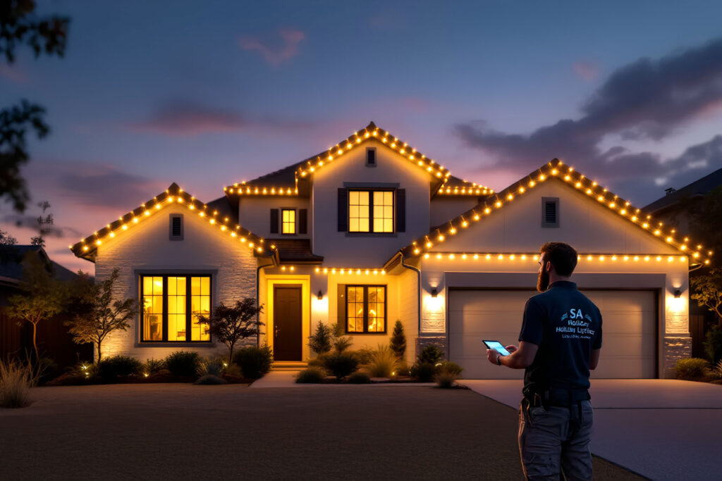 Warm white LED festive lights decorating eave roof edge in San Antonio for holiday accents