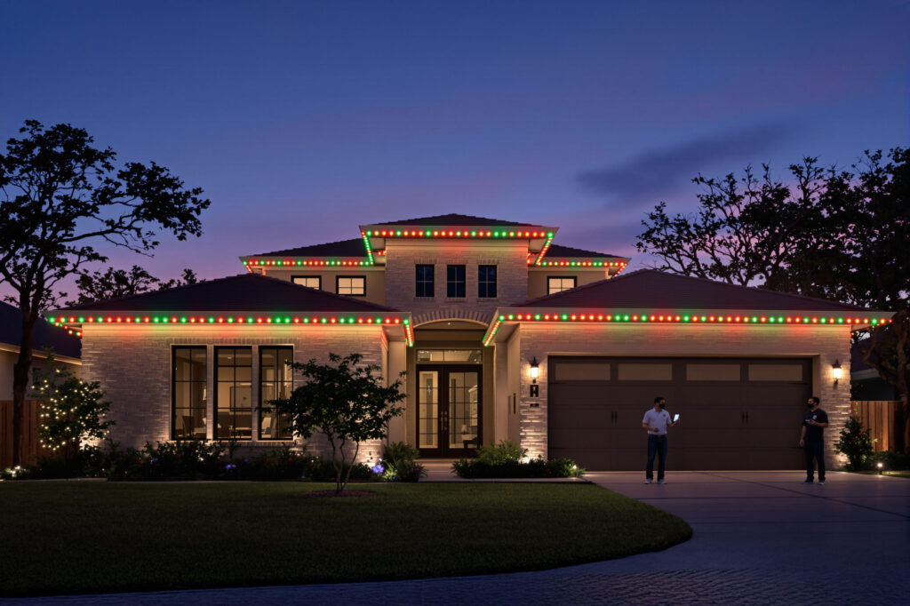 Permanent LED nodes with 18-inch eave spacing installed on modern San Antonio home exterior at twilight