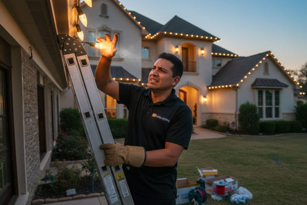 Holiday C9 incandescent lights inspection showing hot bulbs, durability testing, and maintenance check in San Antonio
