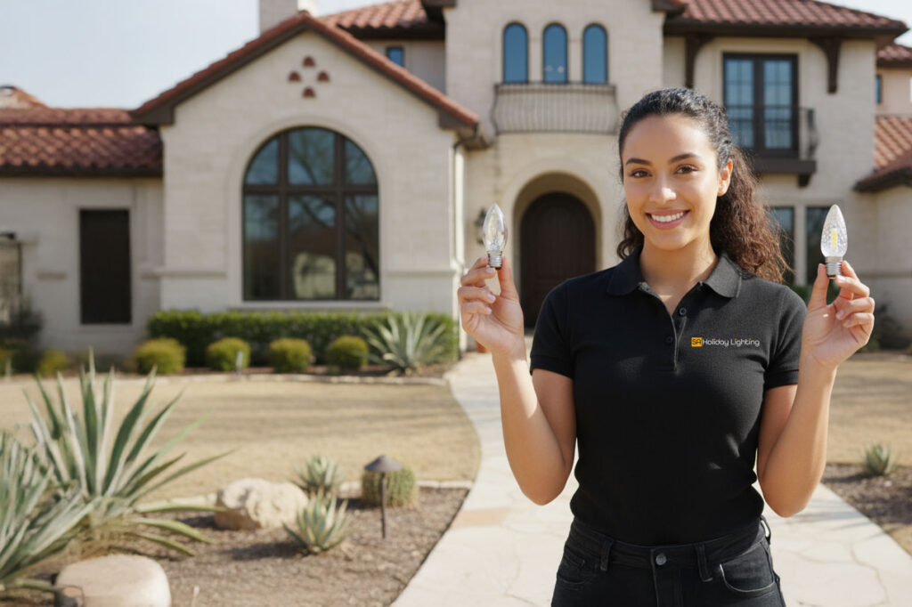 Professional holiday light installation staff comparing LED and incandescent Christmas light bulbs