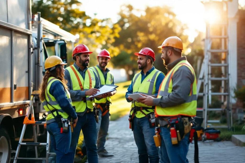Professional crew discussing safety protocols during holiday light installation in San Antonio