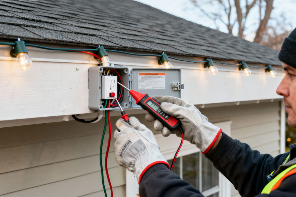 Professional weatherproof GFCI outlet for holiday light installation in San Antonio ensuring safe outdoor electrical connections