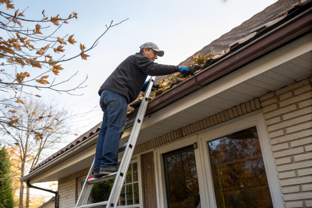 Person cleaning gutters and roofline in preparation for holiday light installation in San Antonio