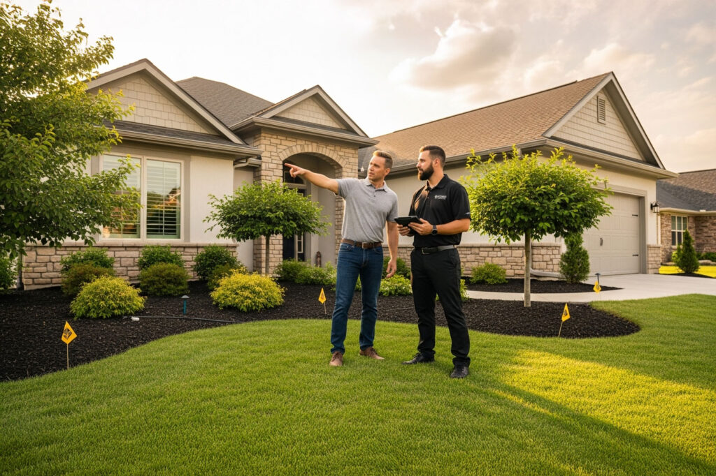 Professional conducting final inspection of holiday light installation in San Antonio home