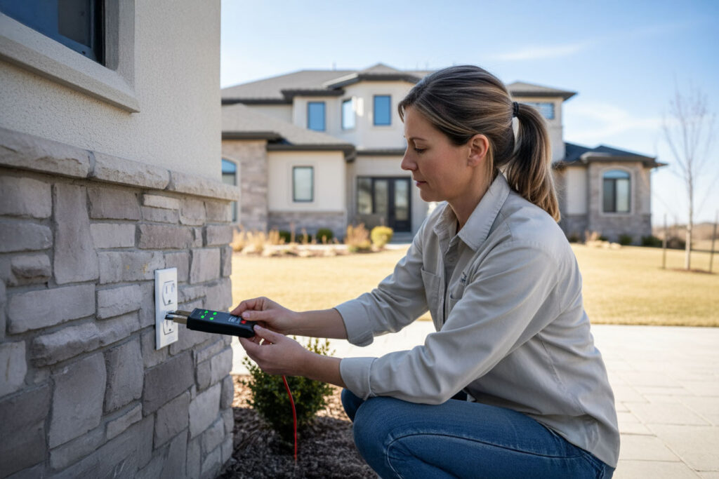 Testing outdoor electrical outlet for holiday light installation in San Antonio