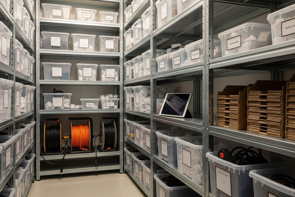 Climate controlled bins for holiday light storage to protect against damage