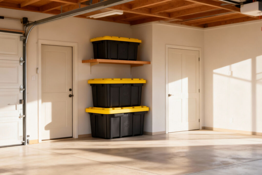 Garage storage bins organizing coiled holiday lights and LED strips for efficient seasonal decor storage