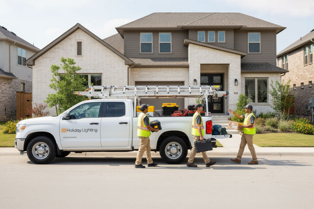 Holiday lighting crew arriving to provide efficient installation service in San Antonio