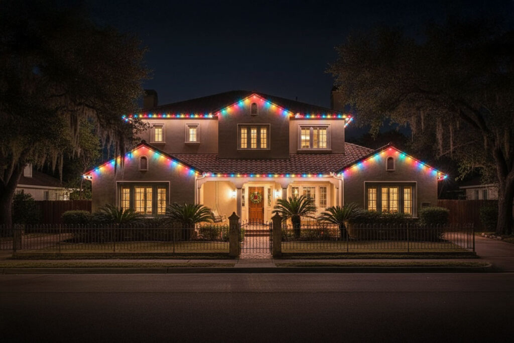 Multicolored C9 Christmas light bulbs installed along roofline of Alamo Heights home for festive holiday decoration