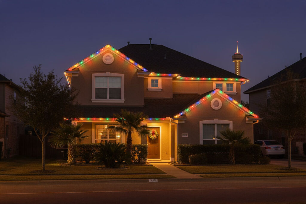 Incandescent traditional multicolor holiday lights illuminating downtown San Antonio