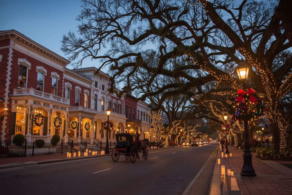 King William Victorian holiday lights and luminarias adorning historic neighborhood in San Antonio