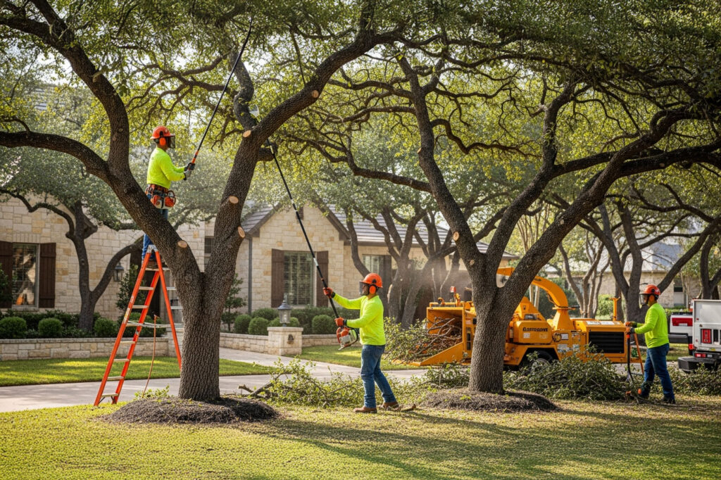 Professional landscapers trimming live oak trees at a luxury home in San Antonio, Texas