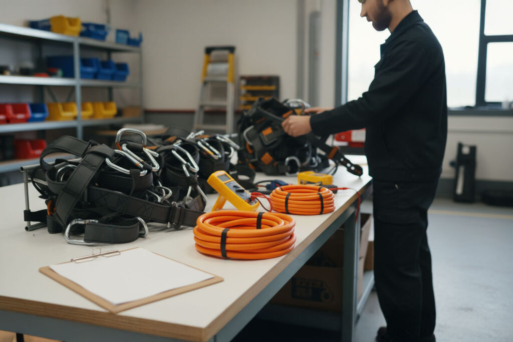 Licensed and insured professional installing holiday lighting with safety gear in San Antonio