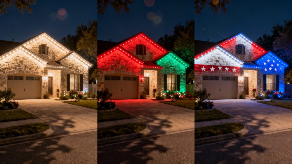 Triptych art installation with warm-white, red-green, and red-white-blue light patterns displayed along a building\'s roofline at night