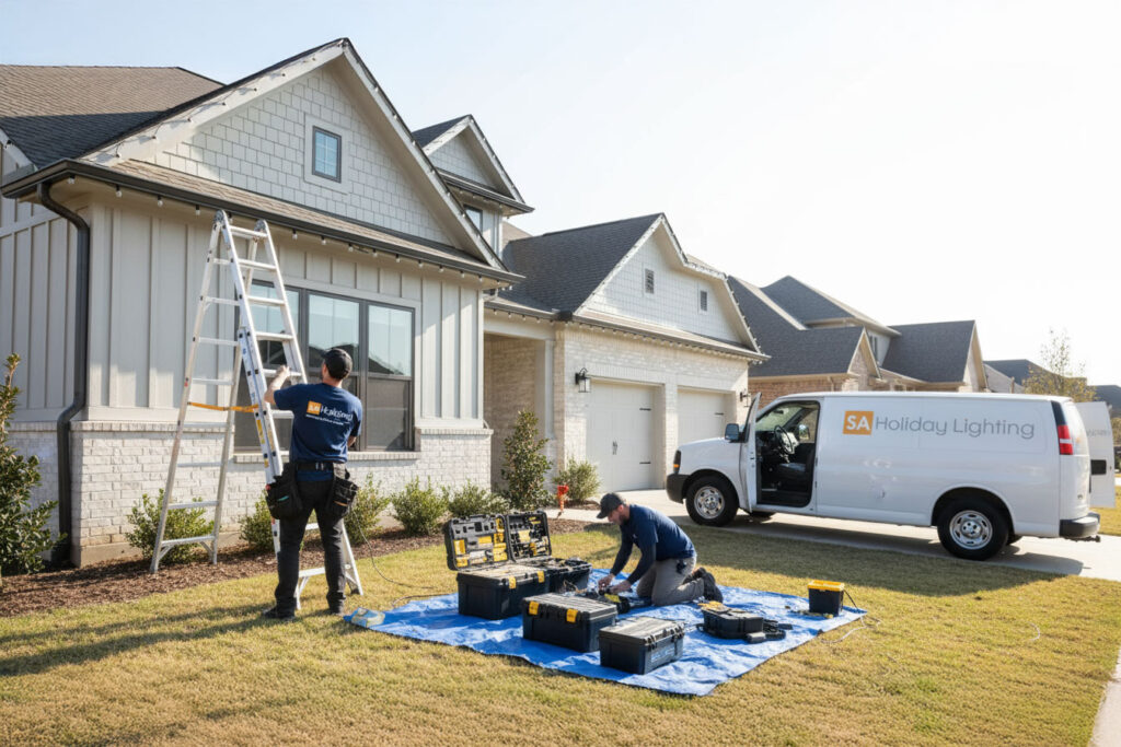 Professional crew installing permanent holiday lighting on a home in San Antonio