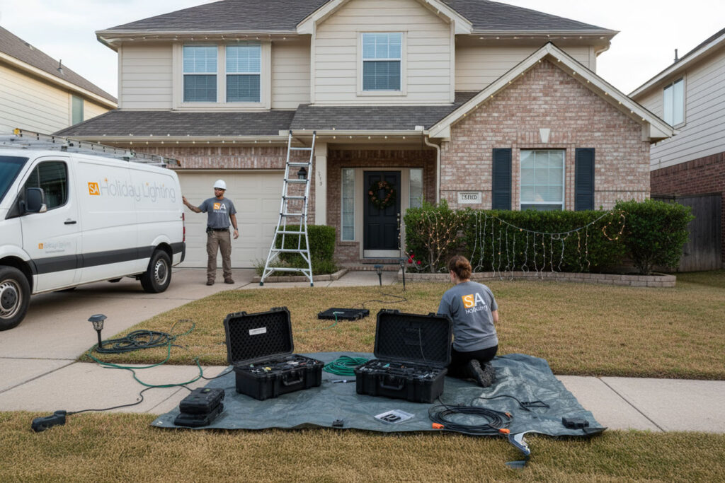 Professional crew installing permanent holiday lighting in San Antonio, demonstrating the installation timeline process.