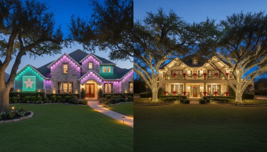 Permanent vs seasonal holiday lights comparison in San Antonio showing installation differences and decorative options