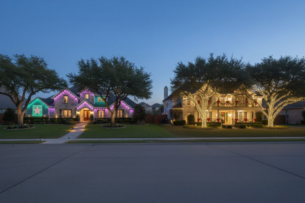Permanent vs seasonal holiday lights comparison in San Antonio showing installation differences and year-round lighting options