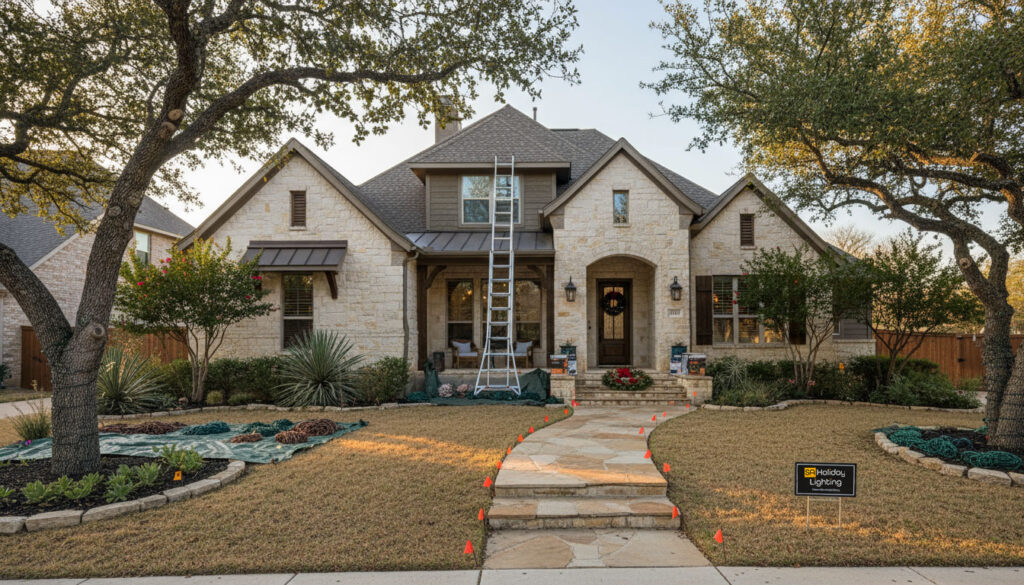 Festive holiday lighting decorating roofline and trees along a pathway in San Antonio