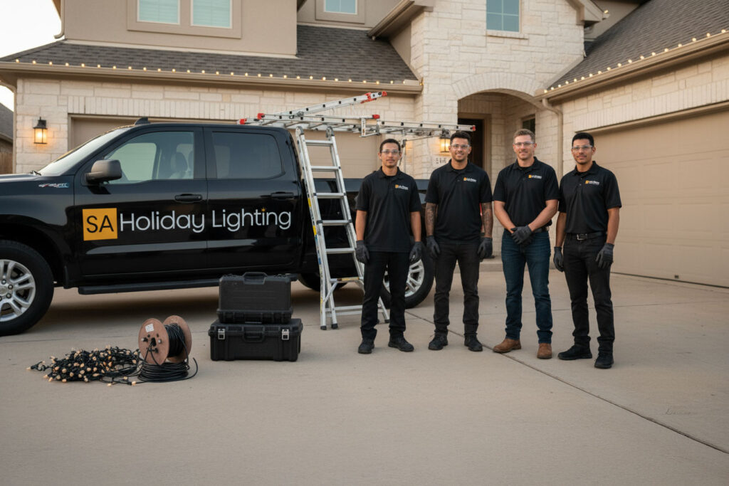 South Australia holiday lighting installation crew working in the morning on a wide residential driveway