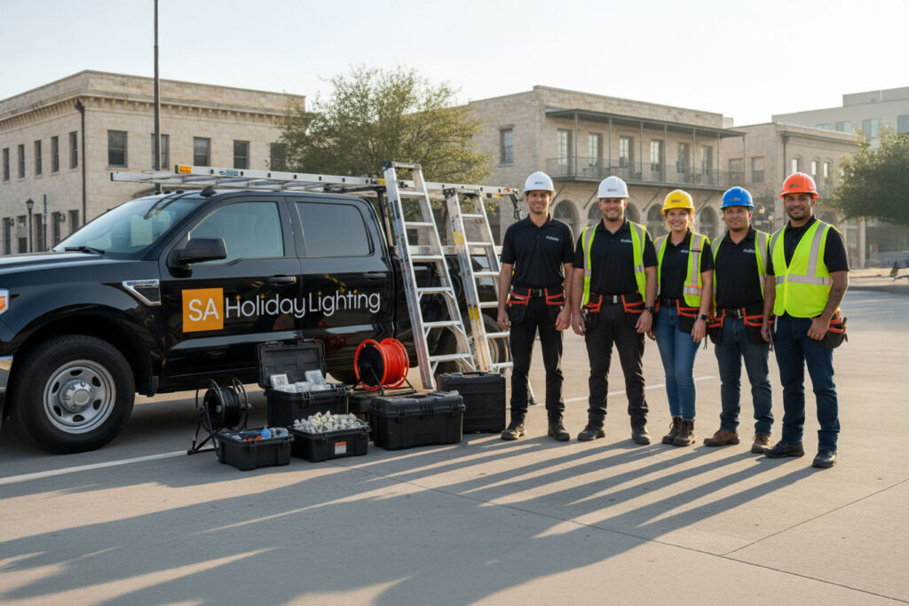 San Antonio holiday lighting crew installing modern commercial Christmas decorations