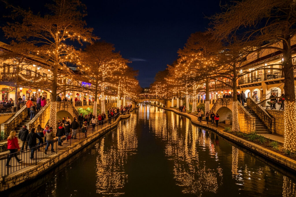 San Antonio River Walk illuminated with colorful holiday lights and decorations at night, a popular community attraction during Christmas season