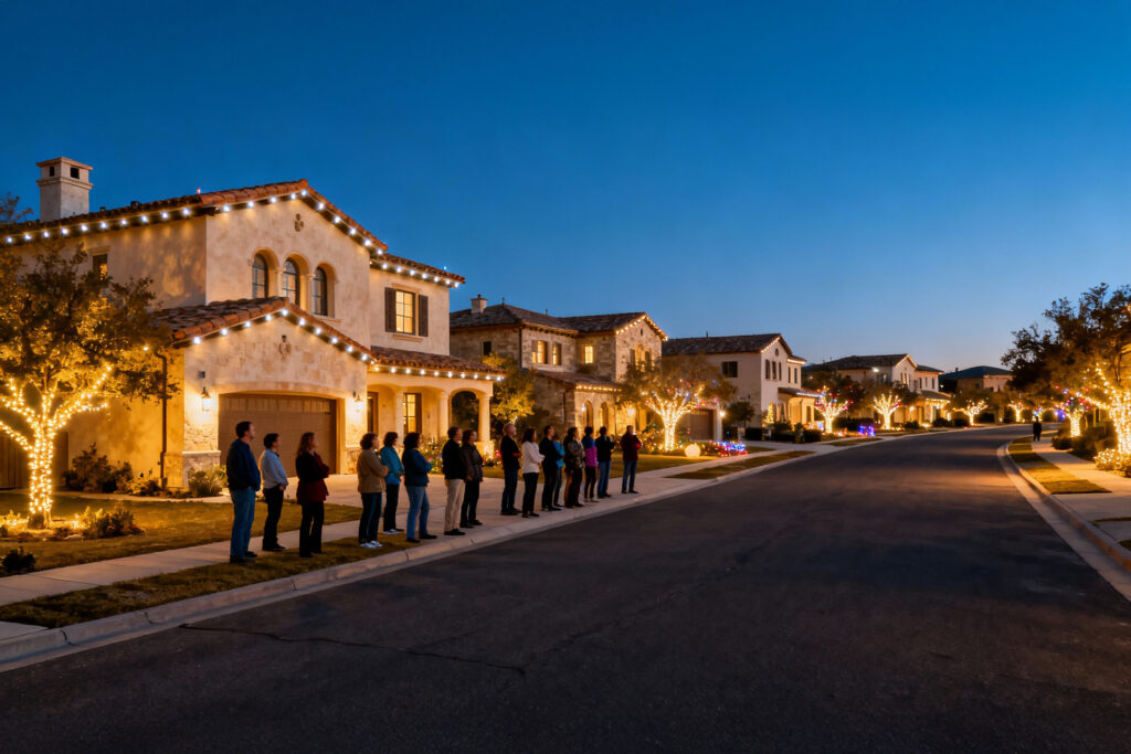 Spectacular synchronized holiday light display in Stone Oak neighborhood of San Antonio illuminating homes and trees