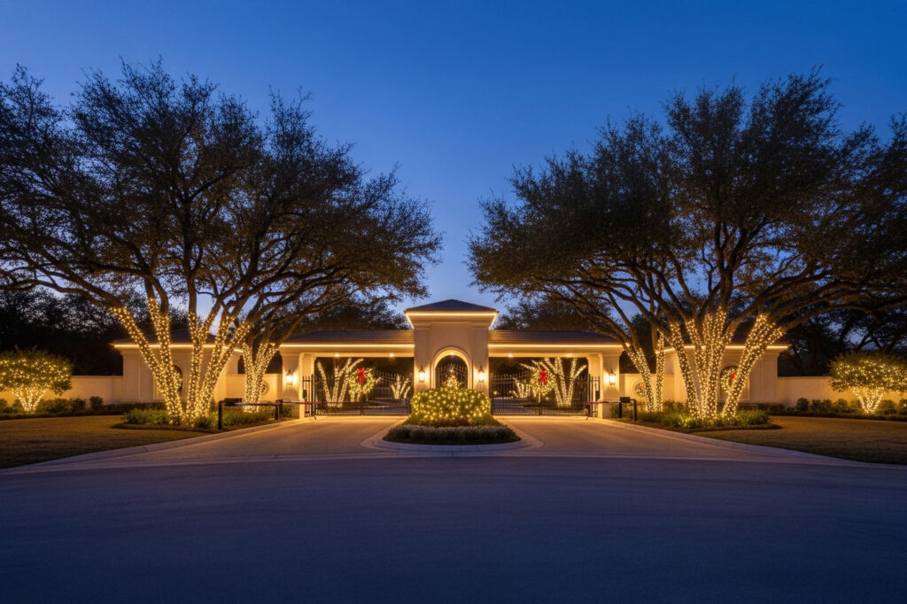 The Dominion Estate in San Antonio featuring holiday illumination with festive lights and decorations